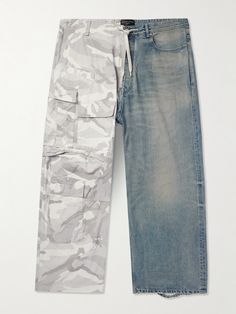 Demna looked to '00s celebrity street style as inspiration for Balenciaga's AW24 collection. A hybrid between jeans and cargos, these trousers are made from panels of camouflage-print cotton-ripstop and distressed selvage denim. They're cut for a baggy, wide-leg fit and have a drawstring waistband that references skate culture. Large to size. See Size & Fit notes. Baggy Rigid Denim Pants For Streetwear, Streetwear Washed Rigid Denim Cargo Jeans, Balenciaga Raver Jeans, Balenciaga Denim Pants, Balenciaga Pants, Balenciaga Jeans, Streetwear Pre-washed Rigid Denim Bottoms, Selvage Denim, Drawstring Trousers