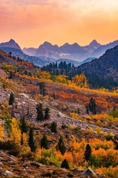 the mountains are covered in colorful trees and rocks as the sun goes down on them