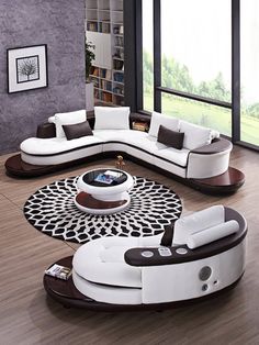 a modern living room with white and brown furniture