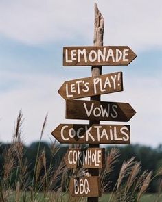 a wooden sign pointing in different directions with the words lemonade and let's play