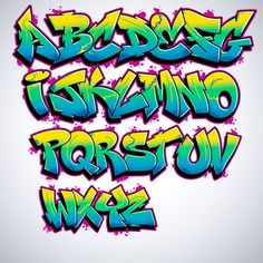 the graffiti font is colorful and has spray paint on it