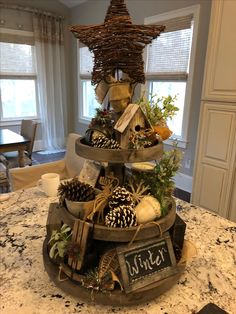 a christmas tree made out of baskets and pine cones