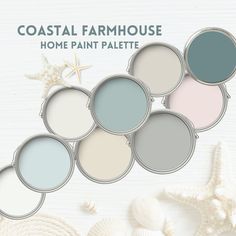 the coastal farmhouse paint palette is shown with shells and starfish