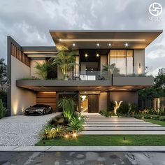 a car is parked in front of a modern house with landscaping and lights on the roof