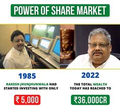 two men sitting in front of computer monitors with the words power of share market below them