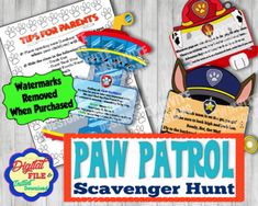 paw patrol scavenger hunt for kids with instructions and printables on it