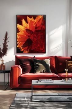 a living room with a red couch, coffee table and large painting on the wall