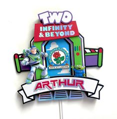 the toy story book logo is displayed on a white background with a banner for two infinity and beyond