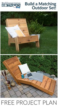 a wooden bench sitting in the middle of a yard with text overlay that reads build a matching outdoor set