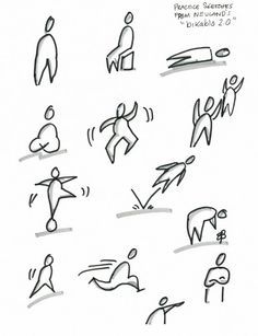 various drawings of people doing different things in the same direction, including one person jumping and another