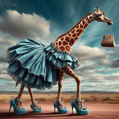 a giraffe in a blue dress and high heels with a purse hanging from it's mouth