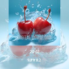 two cherries floating on top of water with the words digital download above them and below it