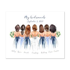 four bridesmaid's in blue dresses with their names written on the back