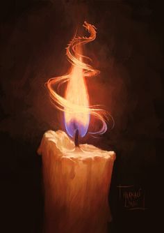 a painting of a lit candle on top of a piece of wood