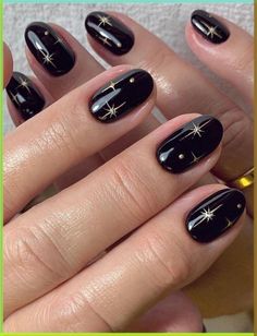 45  Stylish Korean Black Nails for a Chic Fall Look | valentines nails|valentines day nails|january nails|january nail designs|old money nails|unique acrylic nails|nail ideas|pink nails|winter nails|christmas nails|nail ideas|nails acrylic|valentines nails|valentines day nails|manicure at home | nail ideas| nail designs| nails 2024 trends| nails acrylic| nail art| nails|курс по маникюру| маникюр обучение| ищу модель на маникюр| курсы маникюра| ди Short Medium Round Fake Press On Nails, Press On Wedding Nails Short, Black Cute Nail Designs, Black With Gold Stars Nails, Short Gel Nails Black Design, Nail Art On Dark Nails, Celestial Black Nails, New Years Eve Nail Decals, Black Nails Rock Style