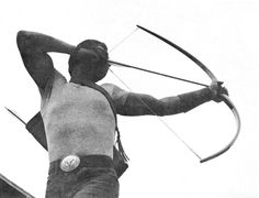 an advertisement for howard hill's longbowds featuring a man holding a bow and arrow