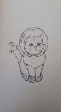 a pencil drawing of a cat wearing a space suit and holding a scissor