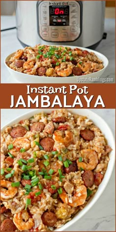 instant pot jambaalaya with shrimp and sausage in the bowl next to an instant pot