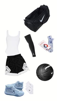 an assortment of sports gear including shoes, water bottle and gym bag on a white background