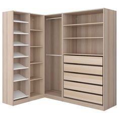 an open closet with shelves and drawers