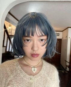 colored hairstyles korean makeup igari makeup blue hair short hair styles bangs japanese hair styles Short Hair Styles Bangs, Hair Styles Bangs, Bangs Japanese, Japanese Hair Styles, Blue Hair Short, Japanese Hair Color, Kpop Short Hair, Igari Makeup, Colored Hairstyles