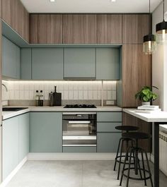 a kitchen with two stools in front of the stove