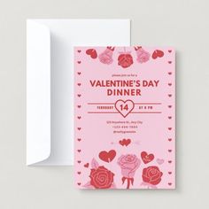 a valentine's day dinner card with roses and hearts on the front, next to an envelope