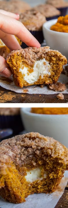 two pictures of the inside of a muffin with cream cheese and cinnamon on top