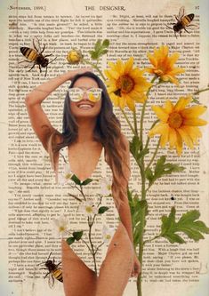 a woman in a bathing suit with sunflowers and bees on her chest, standing next to a book page