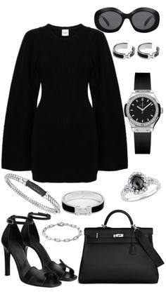 a woman's black outfit and accessories including shoes, sunglasses, watch, bracelets