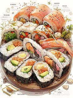 a plate full of sushi and other food items