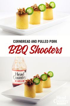 cornbread and pulled pork bbq shooters on a white plate with cucumbers