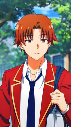 an anime character in a red jacket and blue tie holding a white box with his right hand