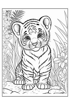 a tiger cub sitting in the grass with flowers around it's neck and eyes wide open