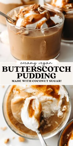 two desserts with whipped cream and caramel on top, one is topped with butterscotch pudding