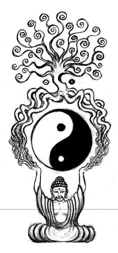 a black and white drawing of a person sitting in front of a tree with yin symbol