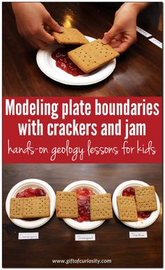 three plates with crackers and jam on them for kids to make their own snacks