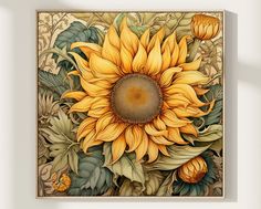 a painting of a sunflower with leaves and flowers in front of it on a shelf