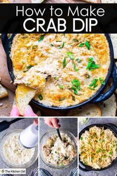 A collage showing a hot crab dip in a skillet garnished with green onions, served with bread. Below are preparation steps: blending ingredients, mixing crab with cheese, and adding green onions. Text reads How to Make Hot Crab Dip. Cheesy Dip, Crab Dip, Recipe Girl, Party Appetizer, Hors D'oeuvres, Best Appetizers, Dip Recipes, What To Cook, Watch It