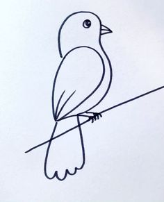 a drawing of a small bird sitting on a thin wire with one eye open and the other half closed