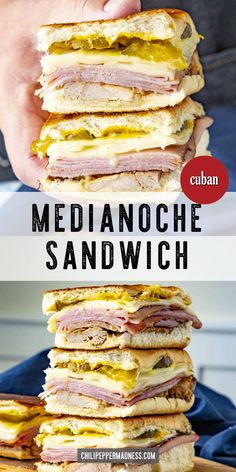 sandwiches stacked on top of each other with text overlaying the image and below it