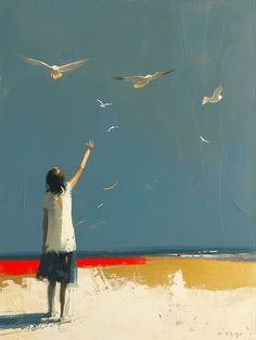 a painting of a girl on the beach with seagulls in the sky above her