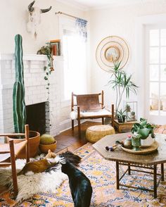 a living room filled with furniture and a dog standing in front of the fire place