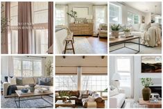 a collage of living room and dining rooms with white walls, windows, and furniture