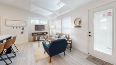 a living room filled with furniture and a flat screen tv on top of a wall