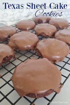 chocolate texas sheet cake cookies on a cooling rack with the words, texas sheet cake cookies