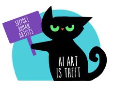 a black cat with green eyes holding up a purple sign that says support women artists