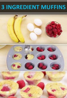 there are three pictures with muffins and raspberries in them