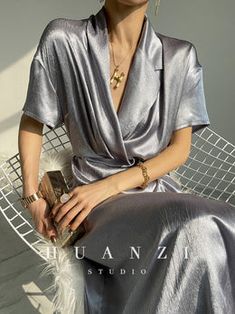 HUANZI custom designer high-end glossy silky elegant dress -Diana Pear – ORUMATORU Grey Sapphire, Pearl Gray, Blue Gems, Pearl Grey, Elegant Dress, Types Of Collars, Skirt Length, Pear, Kimono Top