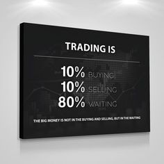 a black and white poster with the words trading is 10 % buying selling waiting on it